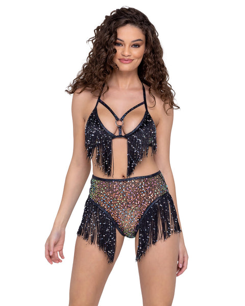Sequin Fishnet Triangle Tie Top With Hanging Strands